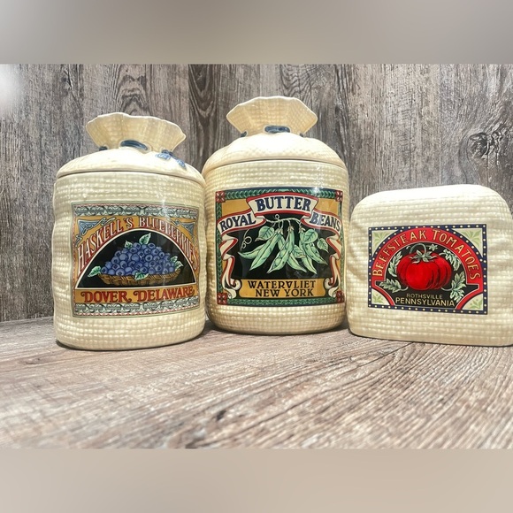 Hearth and Home Designs Other - Rustic Cream Ceramic Canister Set with Vintage Labels